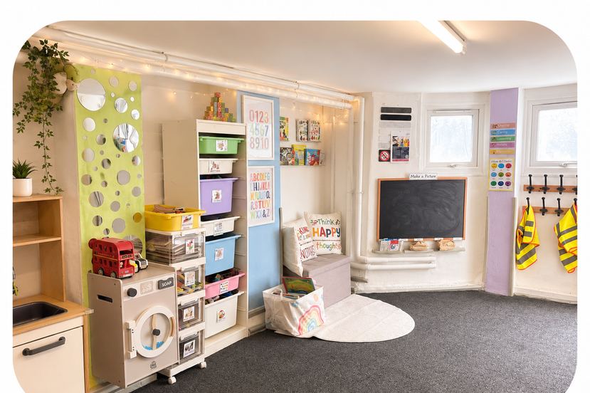 The bright playroom at Bright Beginnings with play kitchen, colourful storage, reading corner and chalkboard